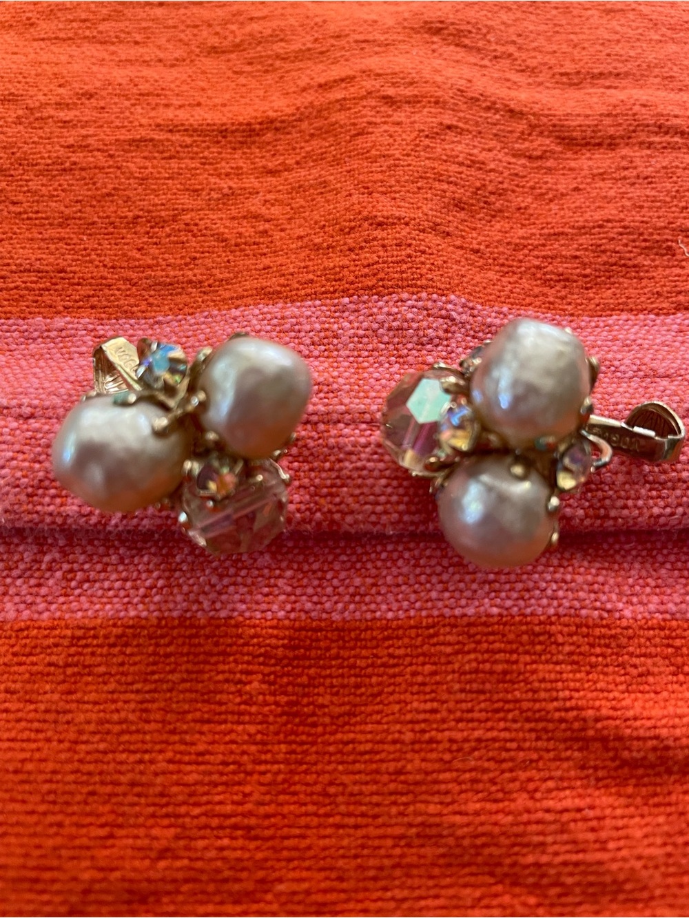 Signed Vogue Pearl Cluster Clip-On Earrings - Gold Tone with Iridescent Crystals